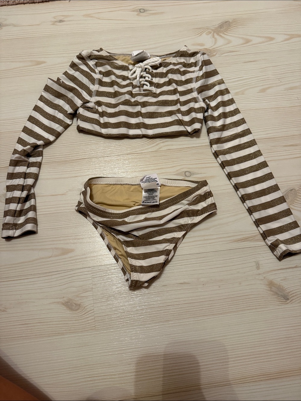 Striped Lace-Up Long Sleeve Bikini Set